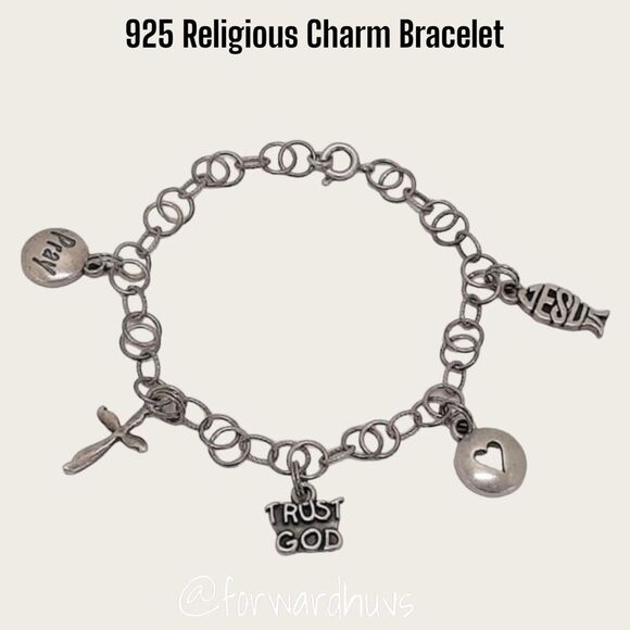 Vintage 925 Silver Religious Charm Bracelet with 5 Charms - SJC Marked - Picture 5 of 10